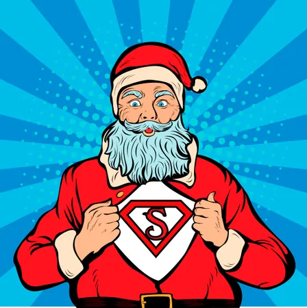 サンタクロースのスーパーヒーロー。ポップアートのレトロなベクターイラスト。クリスマスの背景。赤い衣装を着たサンタクロース。コートは開いており、ロゴやテキスト用のスペースがあります。 イラスト