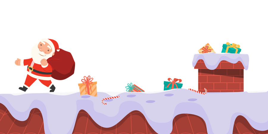 Santa Claus leaving gifts on the rooftop chimney  Illustration