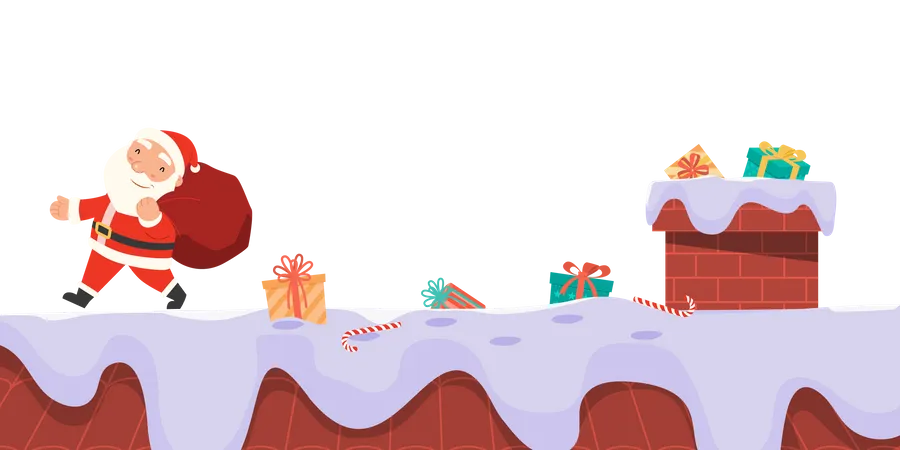 Santa Claus leaving gifts on the rooftop chimney  Illustration