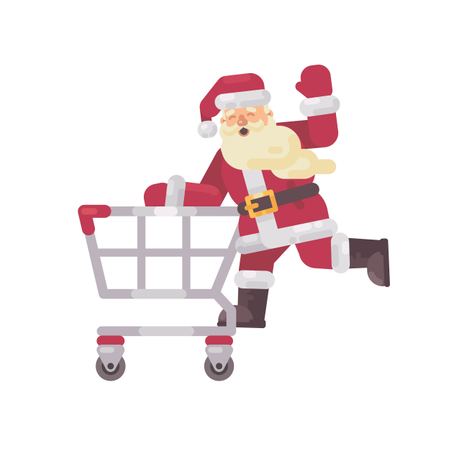 Papá Noel Montando Un Carro De Compras. Ilustración plana de personaje de feliz Navidad  Ilustración