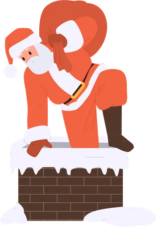 Santa Claus Navidad sosteniendo un saco rojo subiendo a la chimenea trayendo regalos  Ilustración