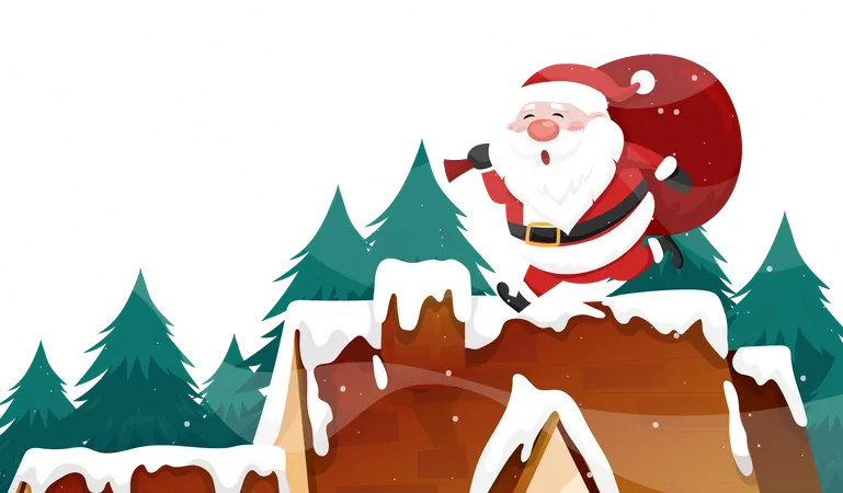 Santa Claus on rooftop and chimney  Illustration
