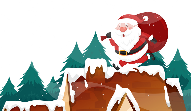 Santa Claus on rooftop and chimney  Illustration