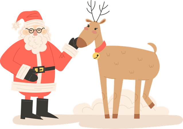 Santa Claus petting Christmas reindeer  Illustration