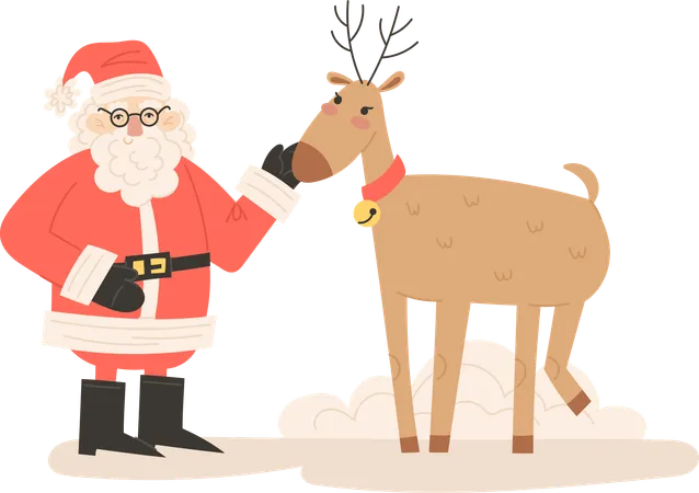 Santa Claus petting Christmas reindeer  Illustration