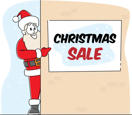 Santa Claus Point On Christmas Sale Banner Hanging On Wall Xmas Character In Red Hat And Festive Costume Presenting Discount Announcement Advertising Price Off Linear People Vector Illustration Illustration