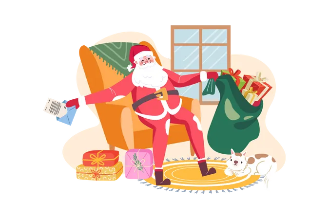 Santa Claus Prepares Gifts For Children Illustration
