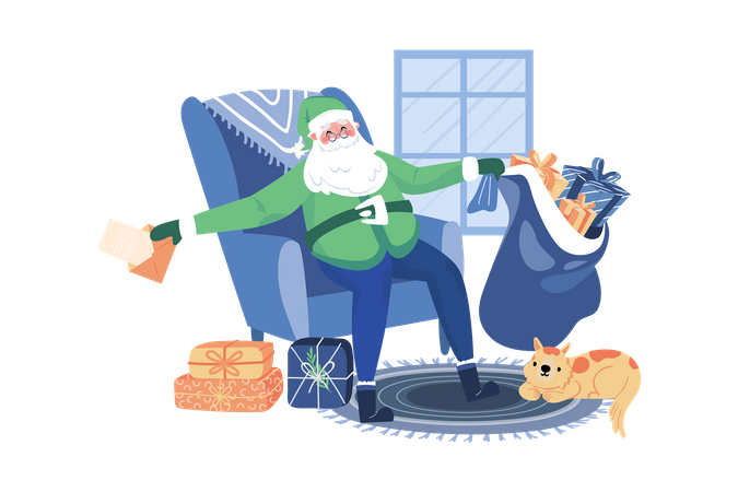 Santa Claus Prepares Gifts For Children Illustration