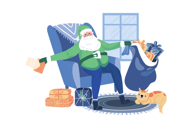 Santa Claus Prepares Gifts For Children  Illustration