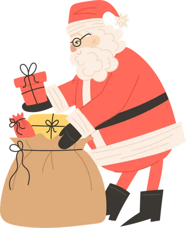 Santa Claus putting gifts into sack for Christmas  Illustration