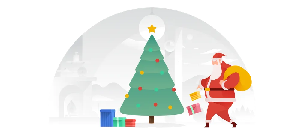 Santa Claus Putting Presents Under The Tree  Illustration