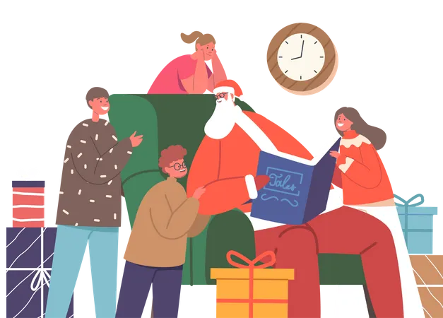 Santa Claus Read Stories To Children Father Noel Character Sitting On Armchair At Decorated Fir Tree With Book In Hands Reading To Little Kids Cartoon People Vector Illustration Illustration