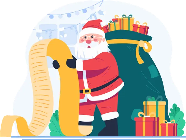 Santa Claus Reading A Long Wish List Paper With A Sack Full Of Gifts Merry Christmas Concept Illustration Illustration