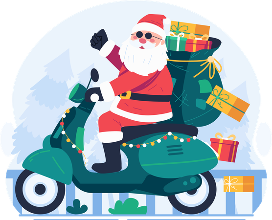 Santa Claus Riding a Scooter  Illustration