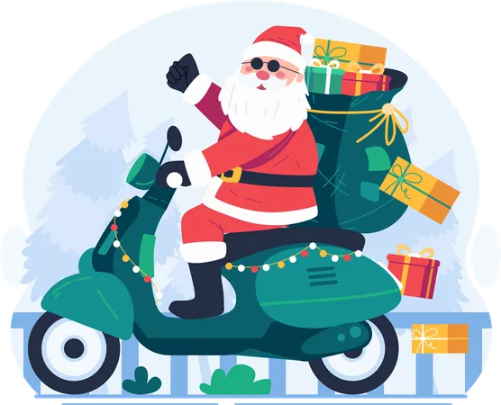 Santa Claus Riding A Scooter Carrying A Sack Full Of Gifts Merry Christmas Concept Illustration Illustration