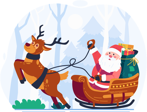 Santa Claus Riding a Sleigh Pulled by a Reindeer  イラスト
