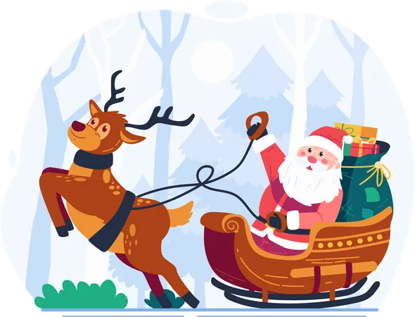 Santa Claus Riding A Sleigh Pulled By A Reindeer Carrying A Sack Full Of Gifts Merry Christmas Concept Illustration Illustration