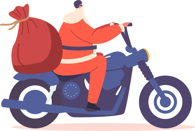 Santa Claus Riding Bike with Gift Sack  Illustration