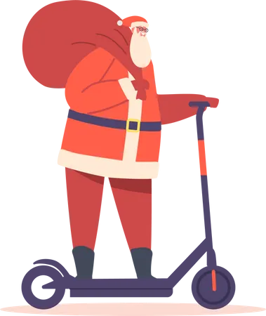 Santa Claus Riding Electric Scooter With Presents In Red Sack On Shoulder Christmas Gifts Delivery Concept Father Noel Character In Red Festive Suit Hurry To Kids Cartoon People Vector Illustration Illustration