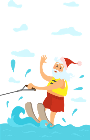 Santa Claus Riding on Water Skies  Illustration