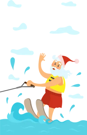 Santa Claus Riding on Water Skies  Illustration