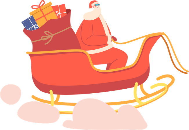 Santa Claus Riding Reindeer Sledge  Illustration