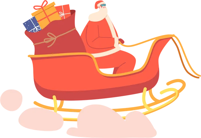 Merry Christmas And Happy New Year Greetings Concept Santa Claus Riding Reindeer Sledge Flying At Sky With Pile Of Wrapped Gift Boxes For Winter Holidays Celebration Cartoon Vector Illustration Illustration