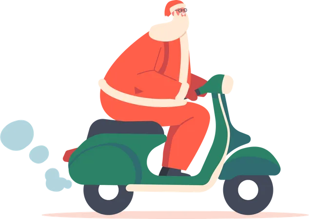 Santa Claus Riding Scooter Or Moped Isolated On White Background Father Noel Character In Red Festive Suit Congratulation Christmas Gifts Delivery Service Concept Cartoon People Vector Illustration Illustration
