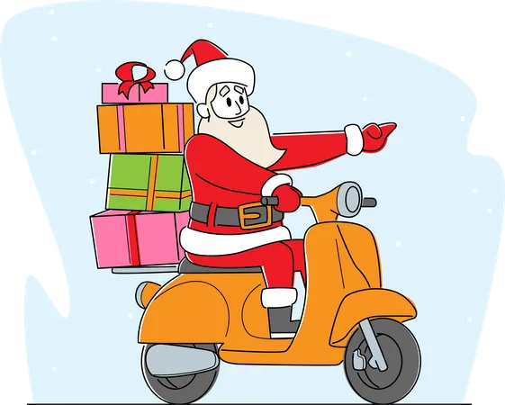 Christmas Sale Concept Santa Claus Riding Scooter With Gifts On Trunk Pointing Forward On Snowy Landscape Character In Red Festive Suit Advertising Congratulation Linear People Vector Illustration Illustration