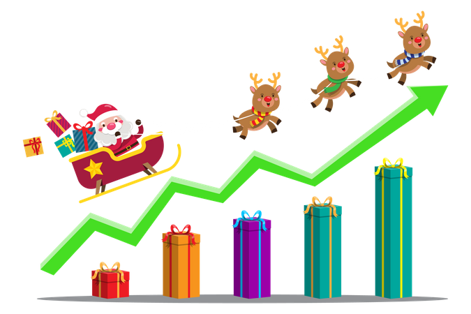 Santa Claus riding sleigh up on gift box graph Illustration