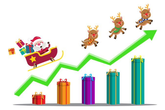 Santa Claus riding sleigh up on gift box graph  Illustration