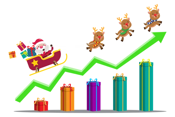 Santa Claus riding sleigh up on gift box graph  Illustration