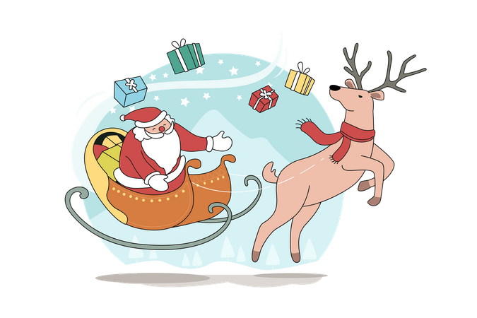 Santa Claus riding sleigh with reindeer  イラスト