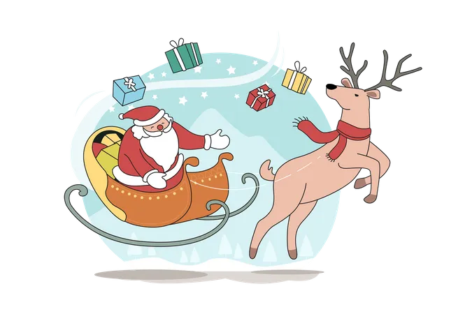 Santa Claus riding sleigh with reindeer  イラスト