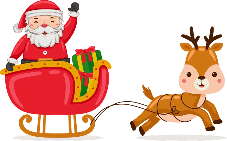 Santa Claus riding sleigh with reindeer to deliver Christmas presents  Illustration