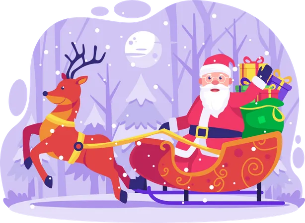 Santa Claus riding sleigh with reindeer to deliver Christmas presents  Illustration