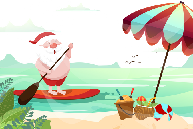 Santa Claus rowing on surf board Illustration