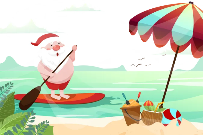 Santa Claus rowing on surf board  Illustration