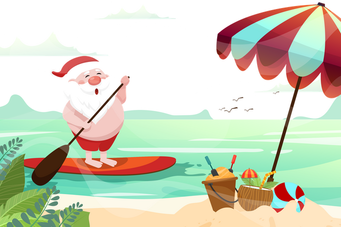 Santa Claus rowing on surf board  Illustration