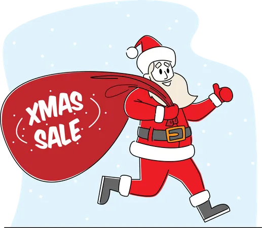 Santa Claus Run With Huge Red Bag Christmas Character In Red Hat And Festive Costume Holding Sack With Xmas Sale Typography Advertising Shopping Promotion Announcement Linear Vector Illustration Illustration