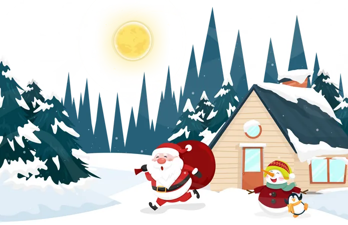 Santa Claus running in snow  Illustration