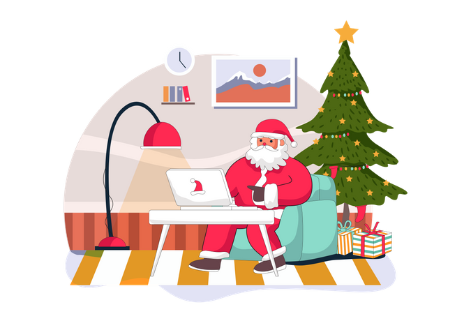 Santa Claus sending online gifts on laptop Illustration