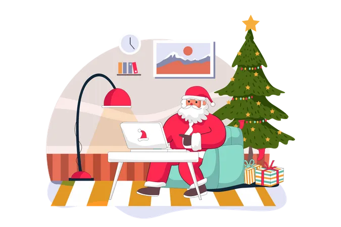 Santa Claus sending online gifts on laptop  Illustration