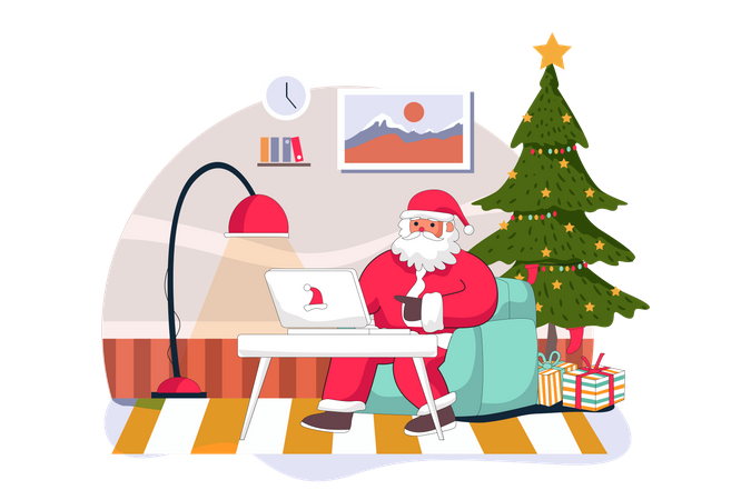 Santa Claus sending online gifts on laptop  Illustration