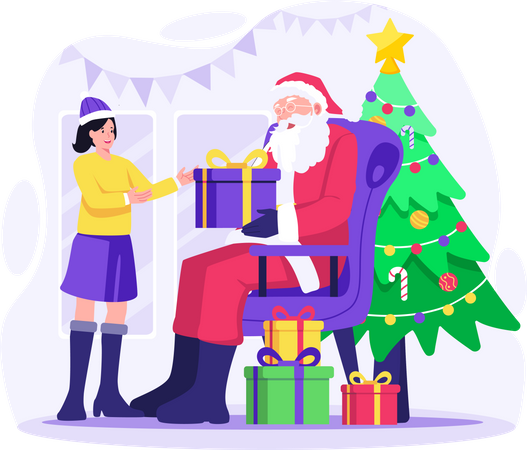 Santa Claus sitting on a sofa chair giving gifts to a happy girl  Illustration