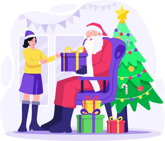 Santa Claus Sitting On A Sofa Chair Giving Gifts To A Happy Girl Celebrate Christmas Holiday Vector Illustration In Flat Style Illustration