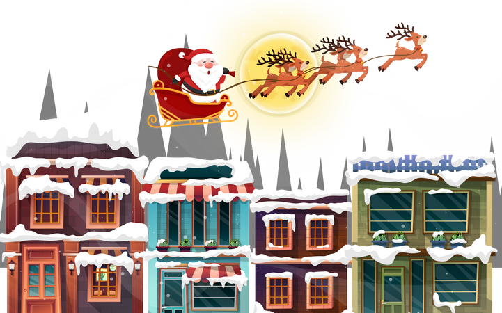 Santa Claus sled over rooftop and chimney at Christmas night  Illustration