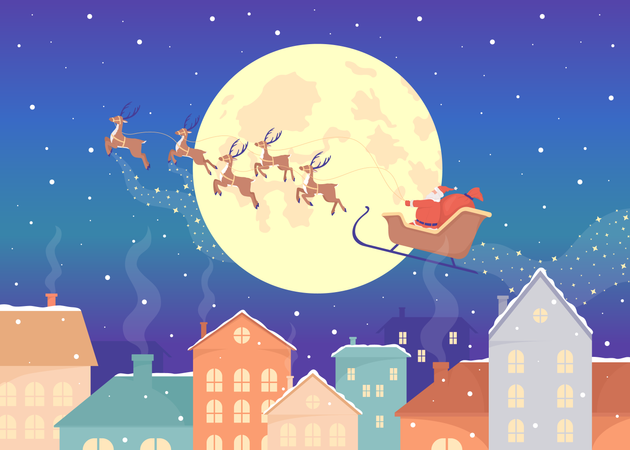 Santa Claus sleigh and reindeers flying above town Illustration