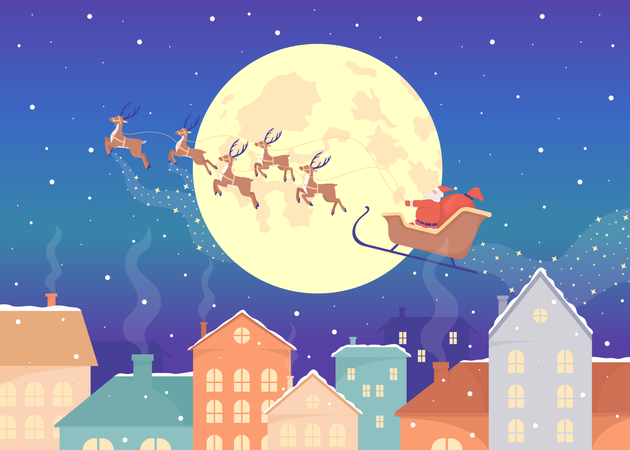 Santa Claus sleigh and reindeers flying above town  Illustration