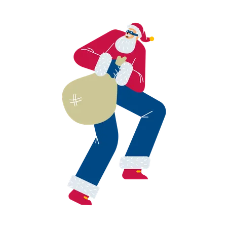 Santa Claus sneaks with bag of gifts  Illustration